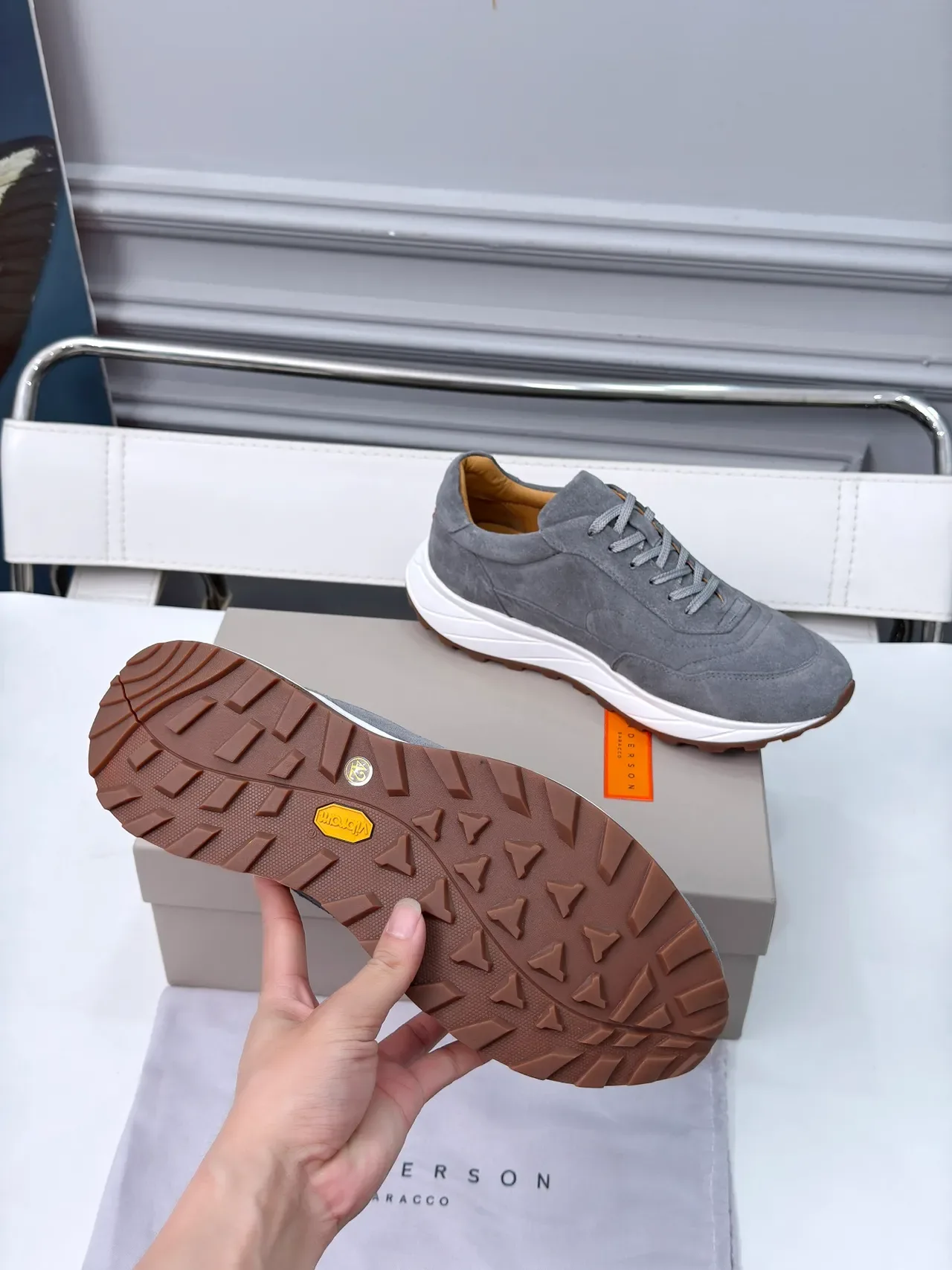 Gray Brown Suede Upper White Layered Midsole Sneakers 2
