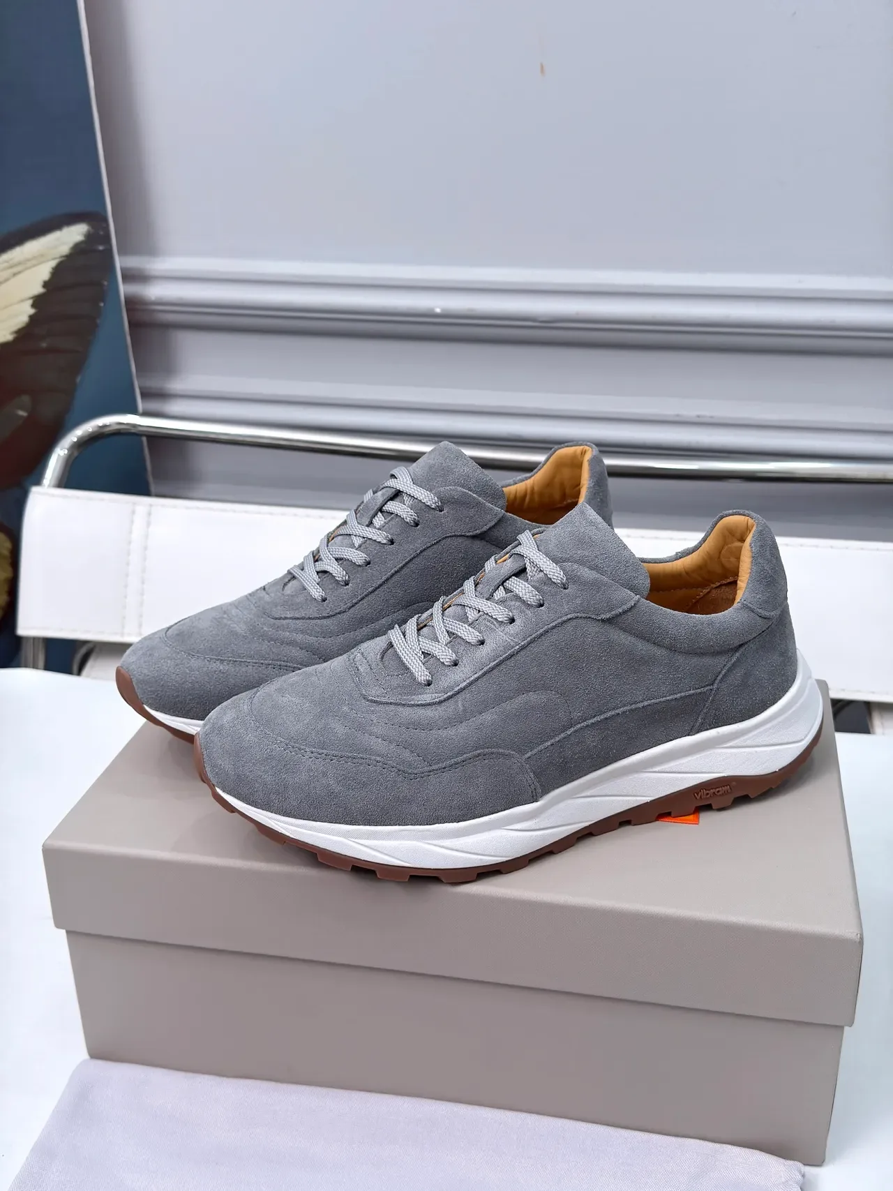 Gray Brown Suede Upper White Layered Midsole Sneakers 4