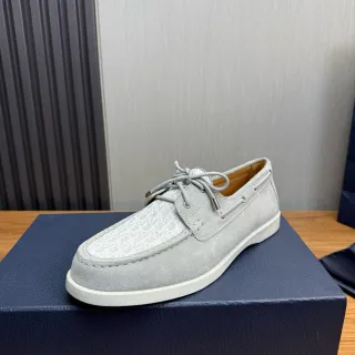 Gray White Light Suede Monogrammed Textile Toe Cap Boat Shoes