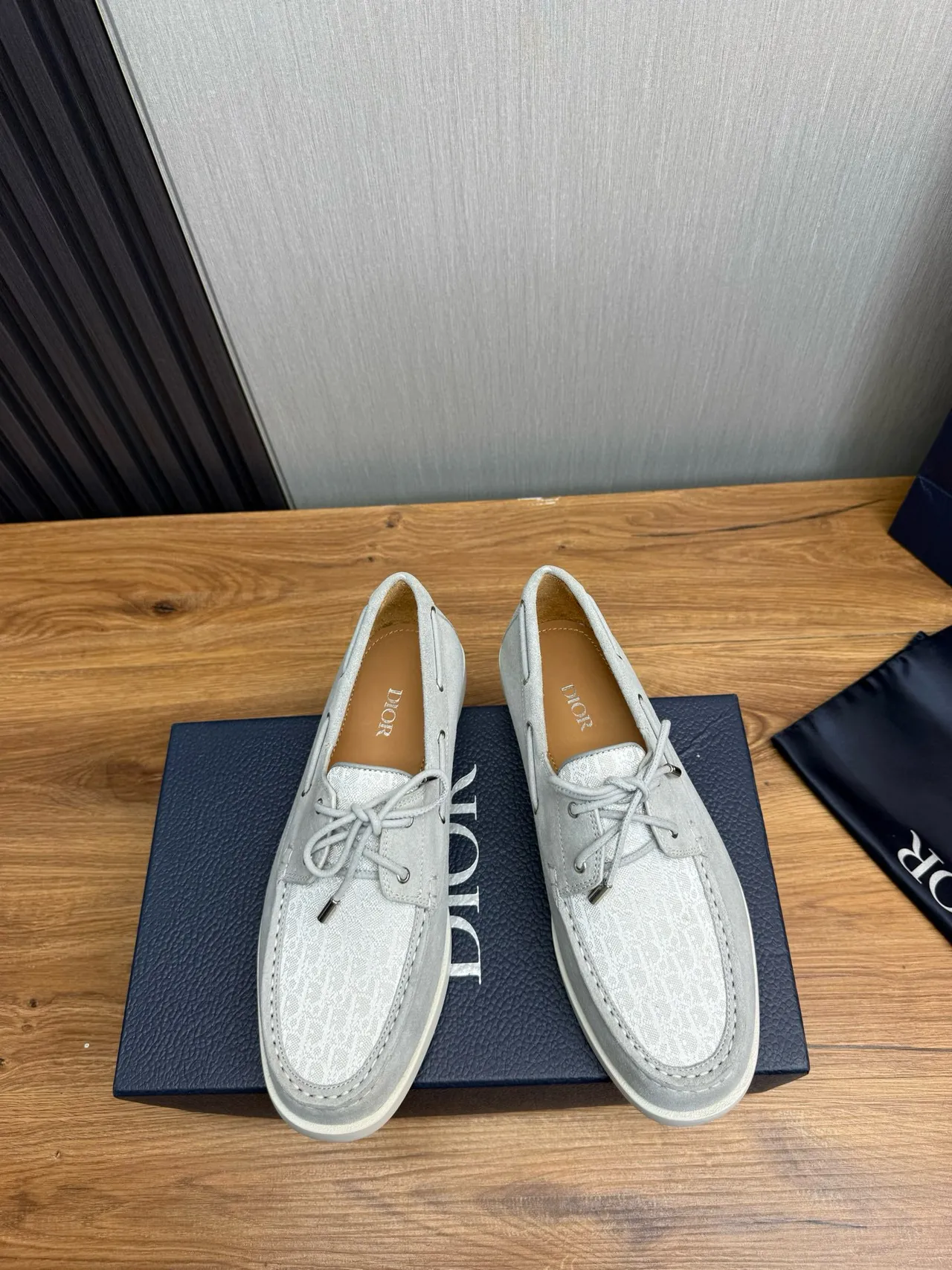 Gray White Light Suede Monogrammed Textile Toe Cap Boat Shoes 2