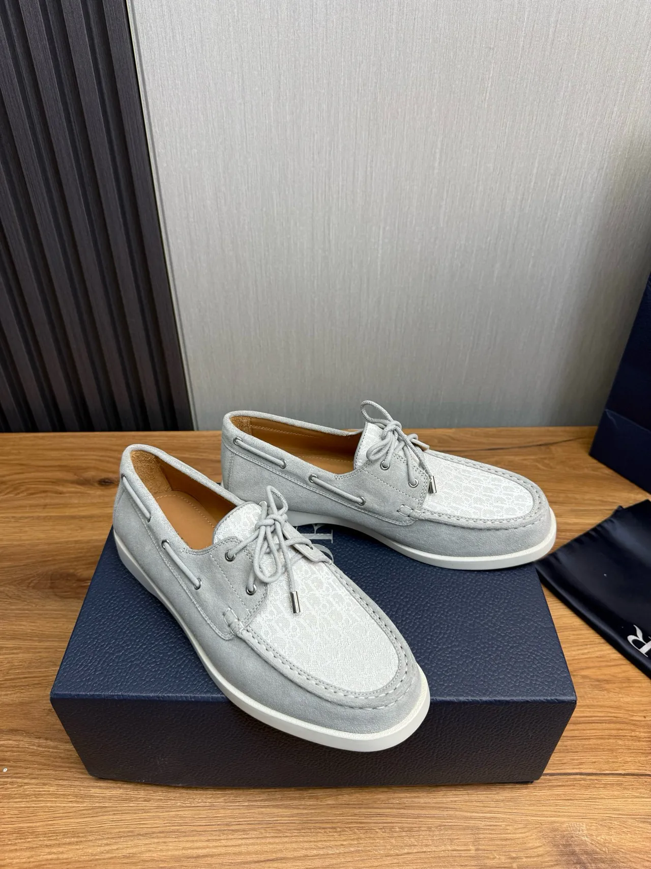 Gray White Light Suede Monogrammed Textile Toe Cap Boat Shoes 3