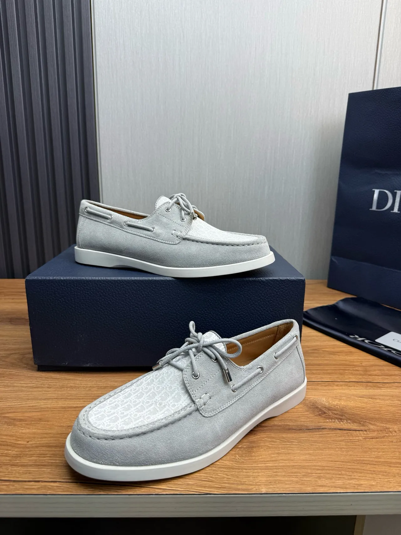 Gray White Light Suede Monogrammed Textile Toe Cap Boat Shoes 4