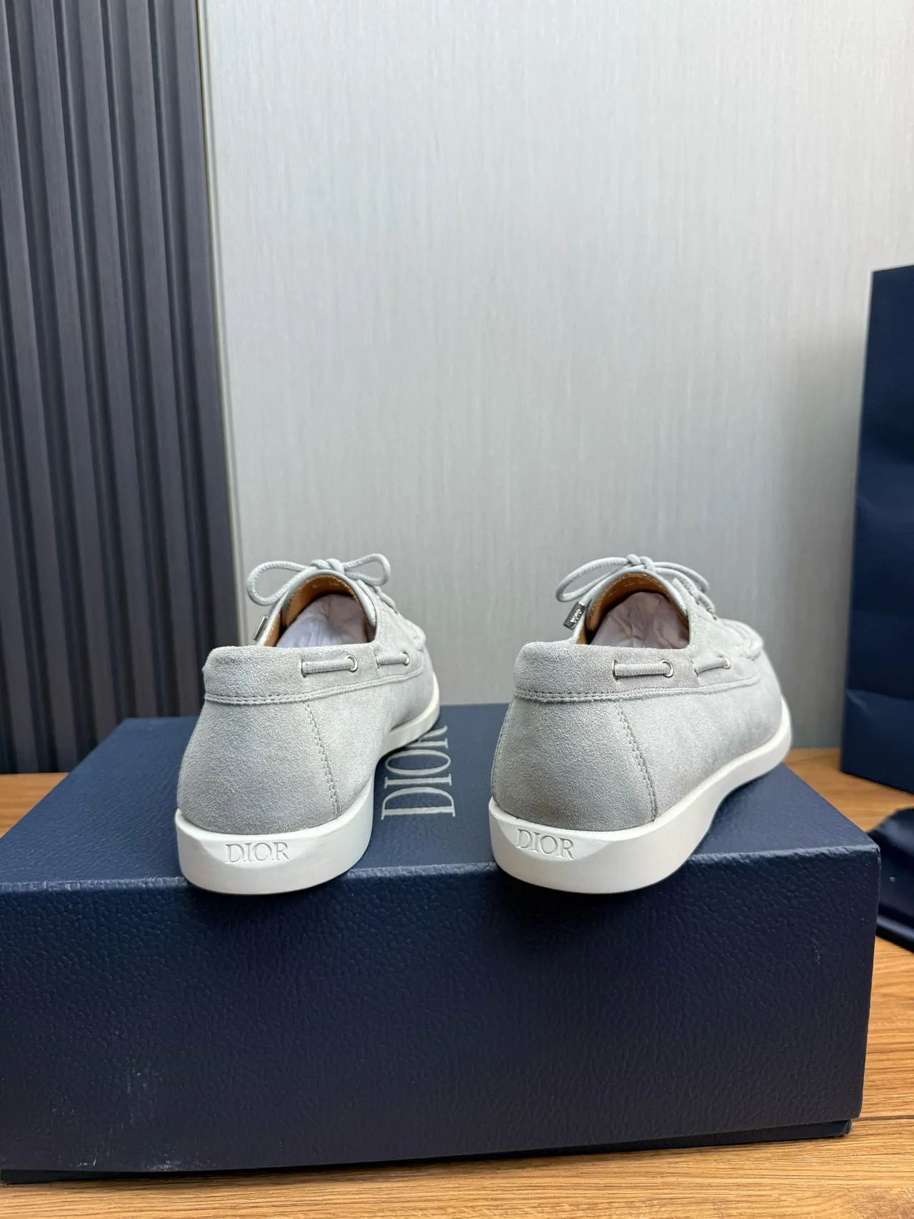 Gray White Light Suede Monogrammed Textile Toe Cap Boat Shoes 5