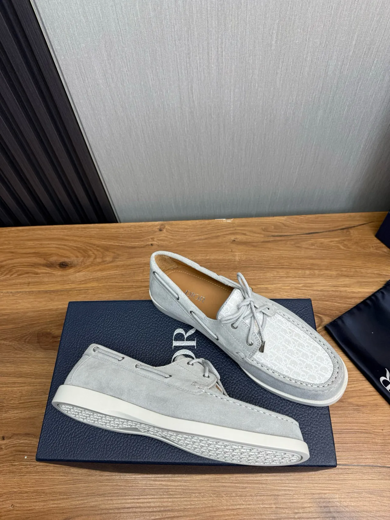 Gray White Light Suede Monogrammed Textile Toe Cap Boat Shoes 6