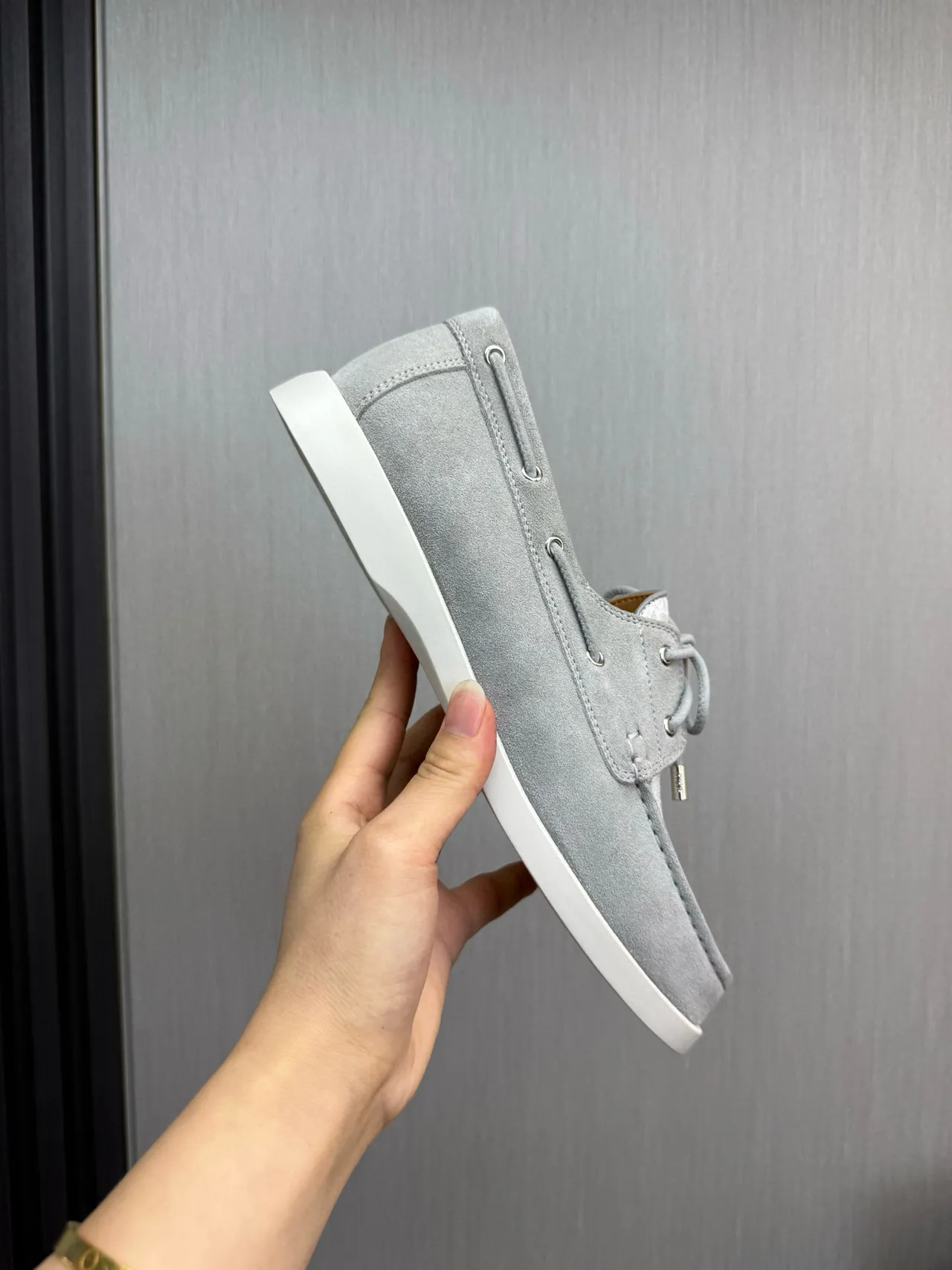 Gray White Light Suede Monogrammed Textile Toe Cap Boat Shoes 7