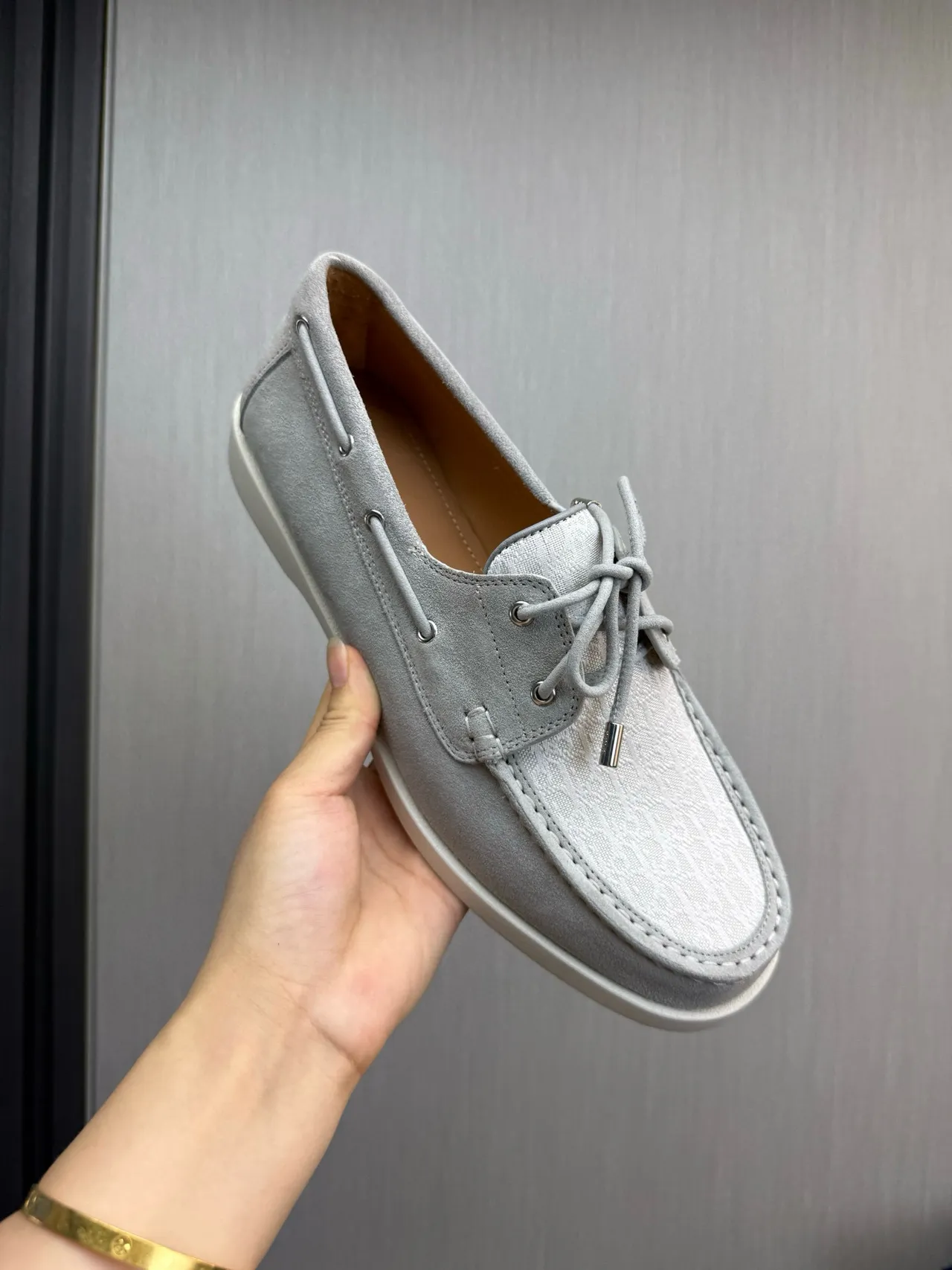 Gray White Light Suede Monogrammed Textile Toe Cap Boat Shoes 8