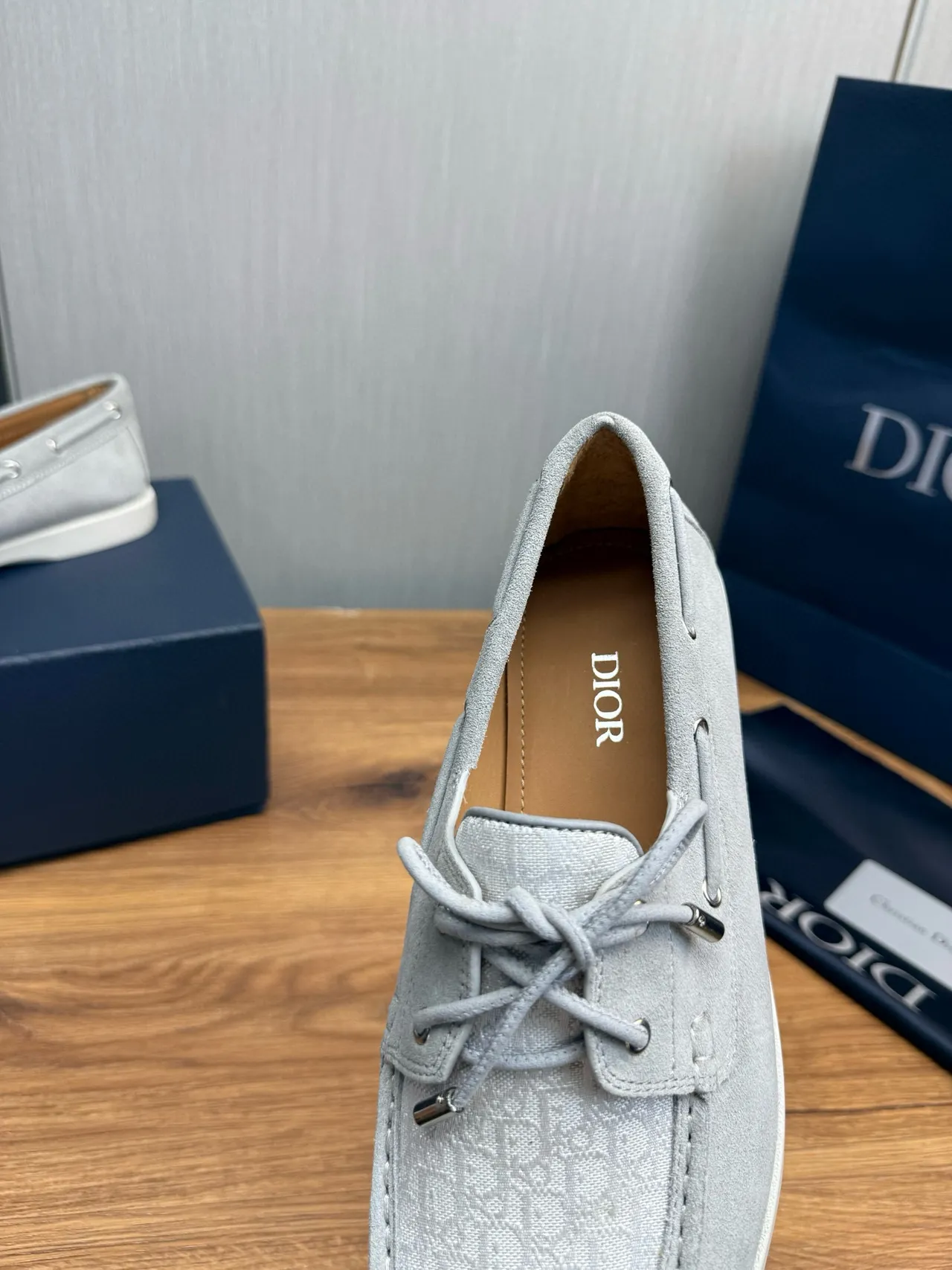 Gray White Light Suede Monogrammed Textile Toe Cap Boat Shoes 9