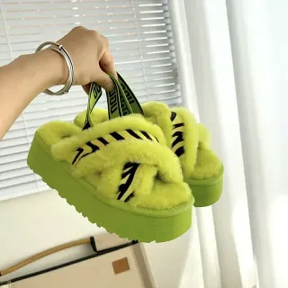 Green Black Platform Fuzzy Shearling-Like Slippers
