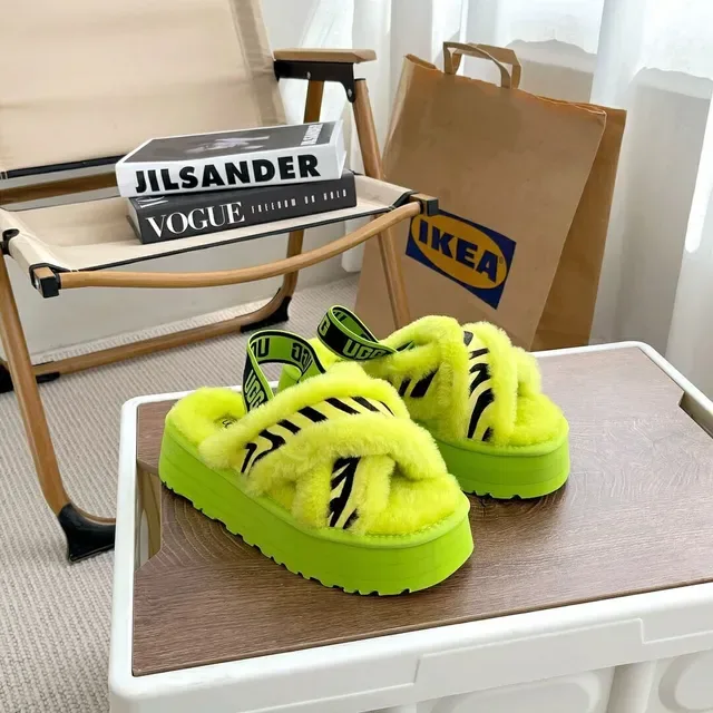 Green Black Platform Fuzzy Shearling-Like Slippers 2