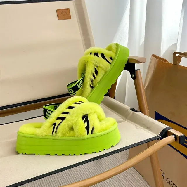 Green Black Platform Fuzzy Shearling-Like Slippers 3