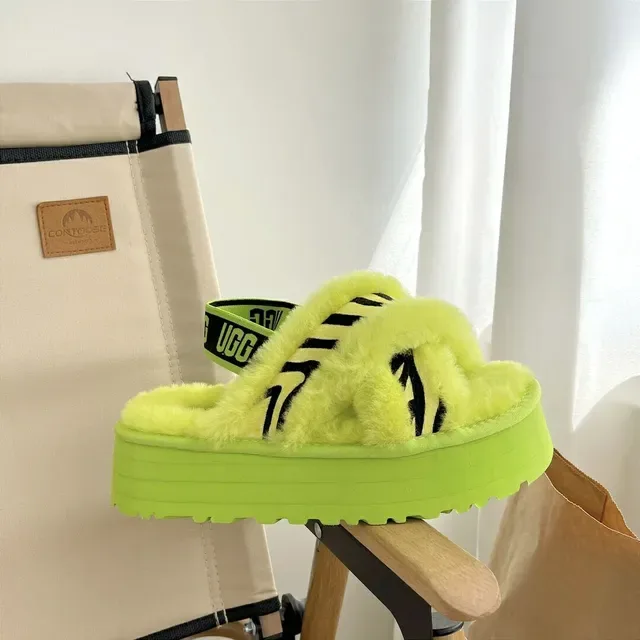 Green Black Platform Fuzzy Shearling-Like Slippers 6