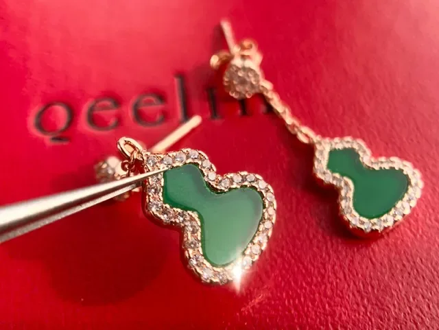 Green Gourd-Shaped Pavé Halo Drop Earrings 8