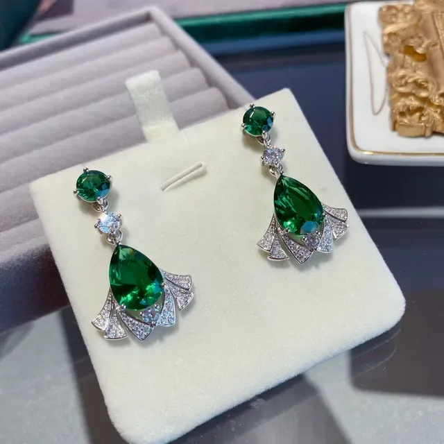 Green Pear-Cut Gemstone Fan Halo Drop Earrings 2