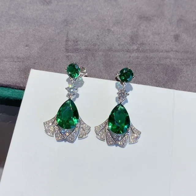 Green Pear-Cut Gemstone Fan Halo Drop Earrings 3