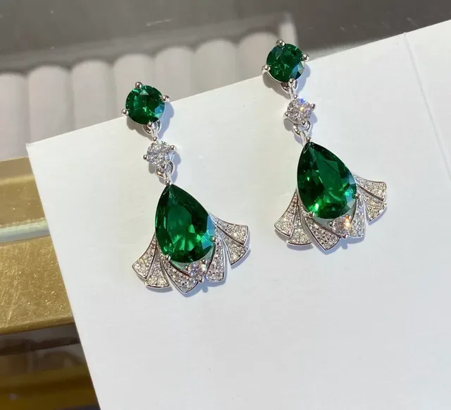 Green Pear-Cut Gemstone Fan Halo Drop Earrings 4