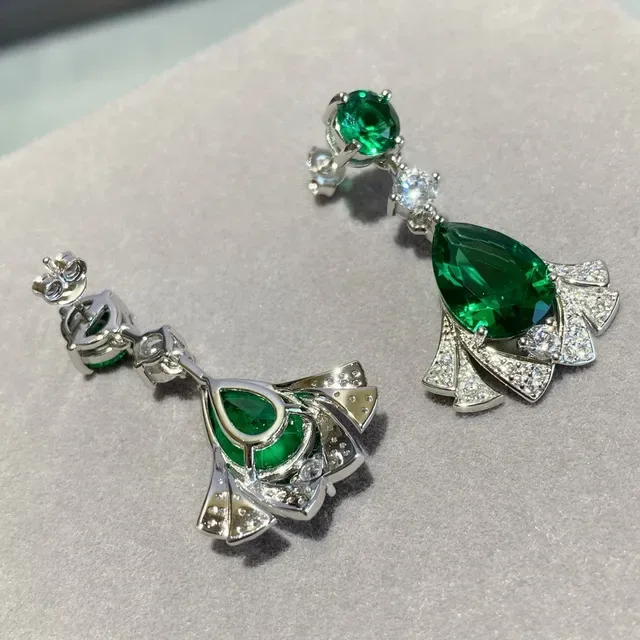 Green Pear-Cut Gemstone Fan Halo Drop Earrings 5