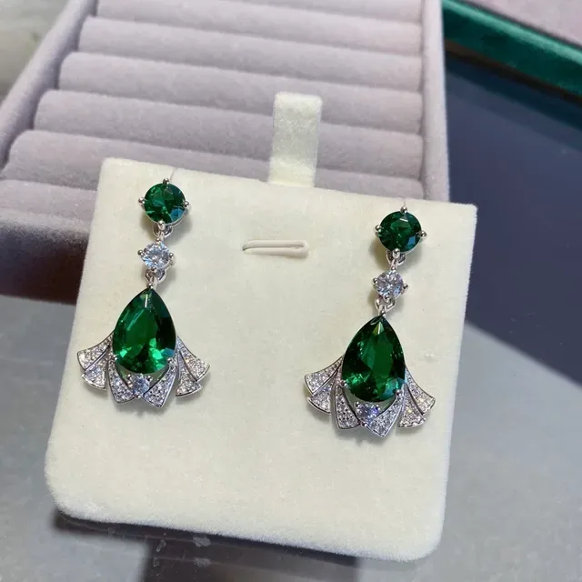 Green Pear-Cut Gemstone Fan Halo Drop Earrings 6
