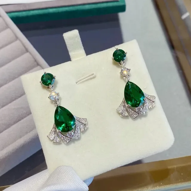 Green Pear-Cut Gemstone Fan Halo Drop Earrings 7