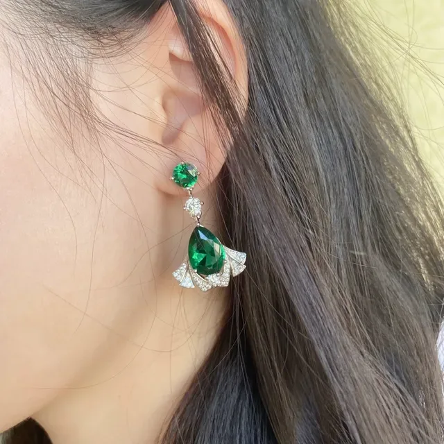 Green Pear-Cut Gemstone Fan Halo Drop Earrings 8