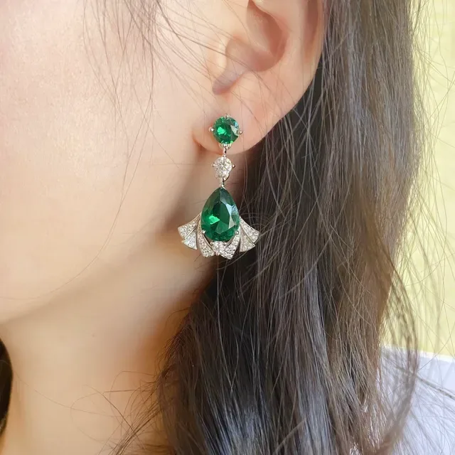 Green Pear-Cut Gemstone Fan Halo Drop Earrings 9
