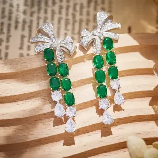 Green Silver Bow-Top Cascade Dangle Earrings
