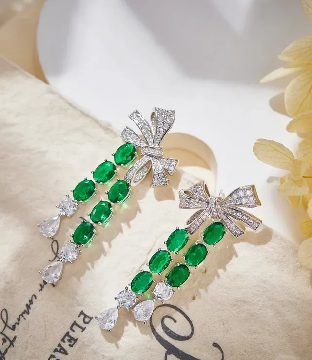 Green Silver Bow-Top Cascade Dangle Earrings 2