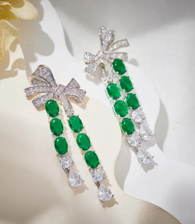 Green Silver Bow-Top Cascade Dangle Earrings 6