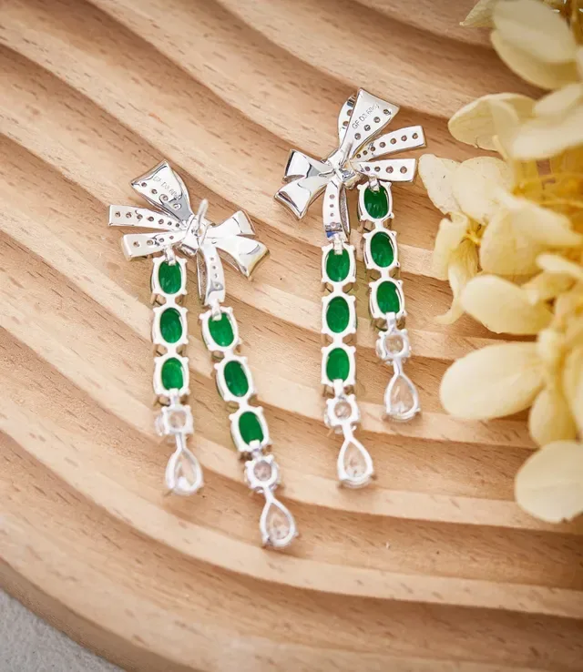 Green Silver Bow-Top Cascade Dangle Earrings 8