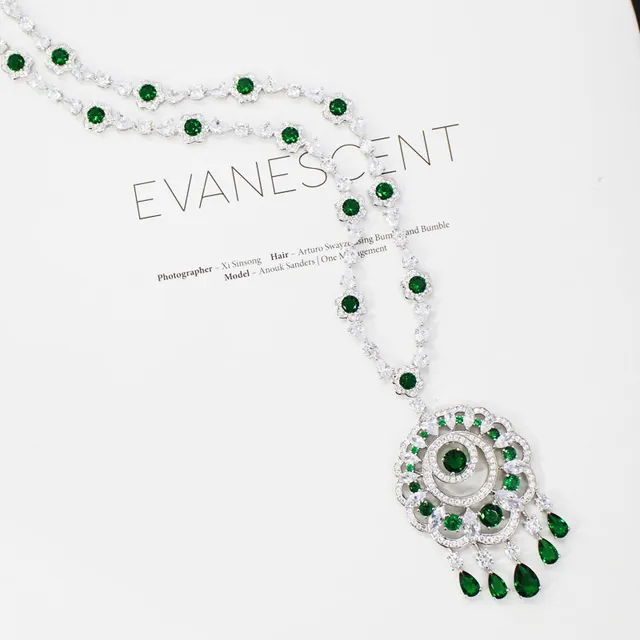 Green Silver Ornate Chandelier-Style Multi-Tier Concentric Circle Necklace 5