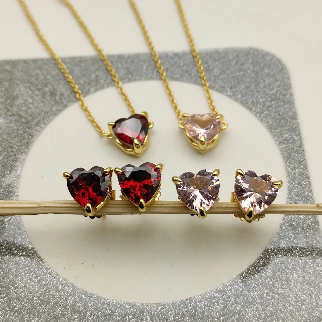 Heart-Shaped Faceted Gemstone Gold-Tone Stud Earrings 3
