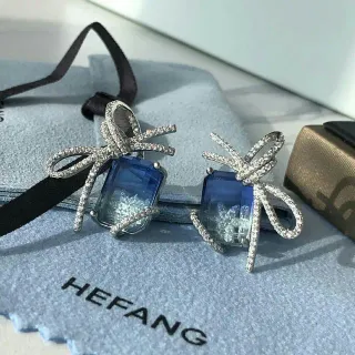 HEFANG Bow Motif Blue Stone Pavé Crystal Earrings