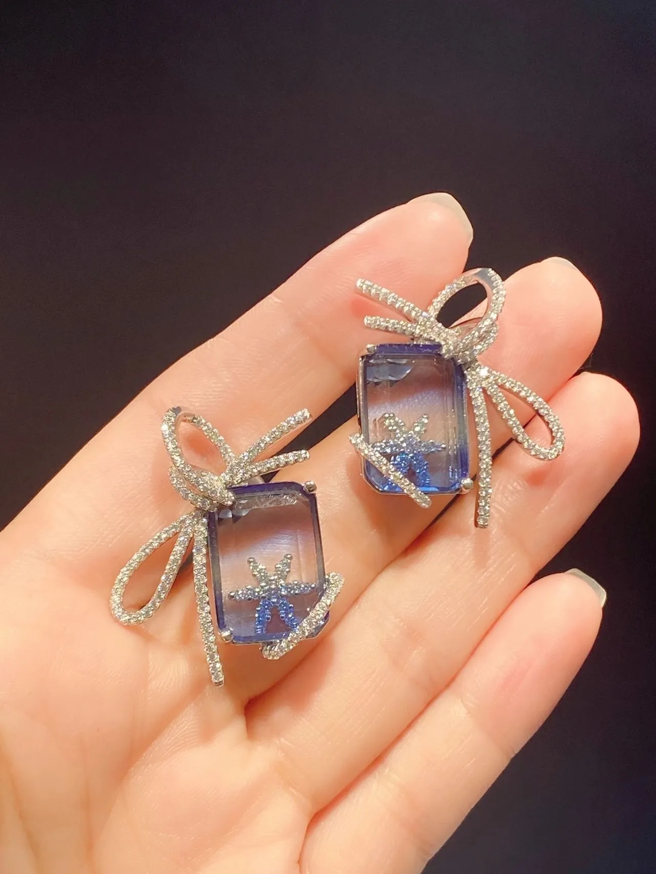 HEFANG Bow Motif Blue Stone Pavé Crystal Earrings 5