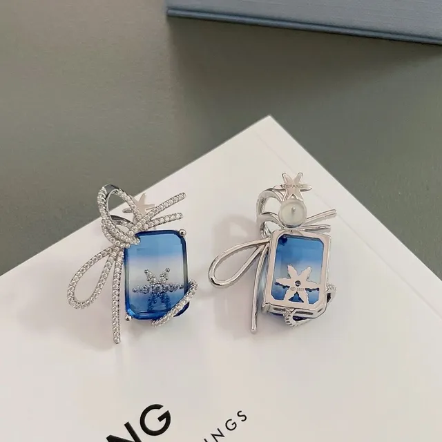 HEFANG Bow Motif Blue Stone Pavé Crystal Earrings 6