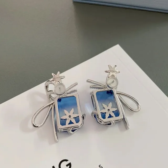 HEFANG Bow Motif Blue Stone Pavé Crystal Earrings 7