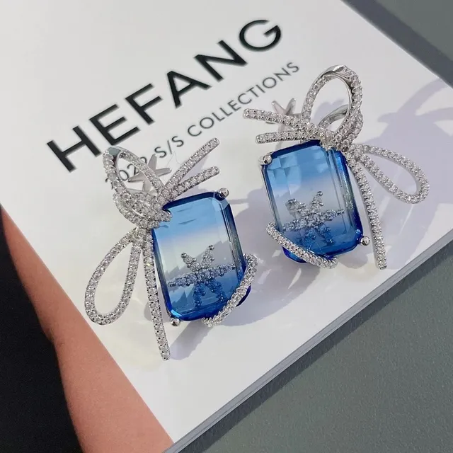 HEFANG Bow Motif Blue Stone Pavé Crystal Earrings 8