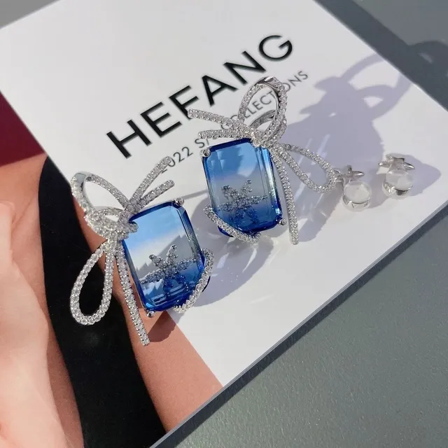 HEFANG Bow Motif Blue Stone Pavé Crystal Earrings 9