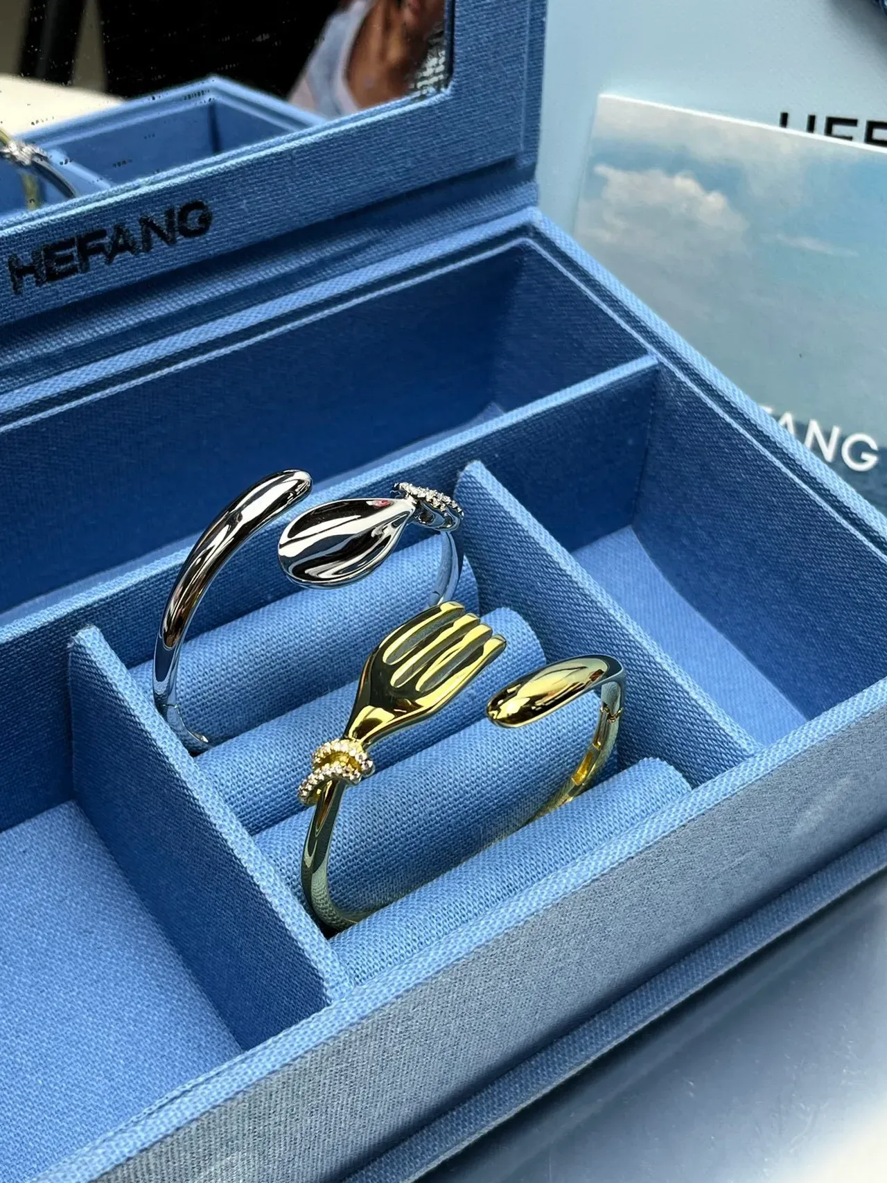 HEFANG Fork Motif Gold-Tone Enamel Crystal Open Bangle Bracelet 5