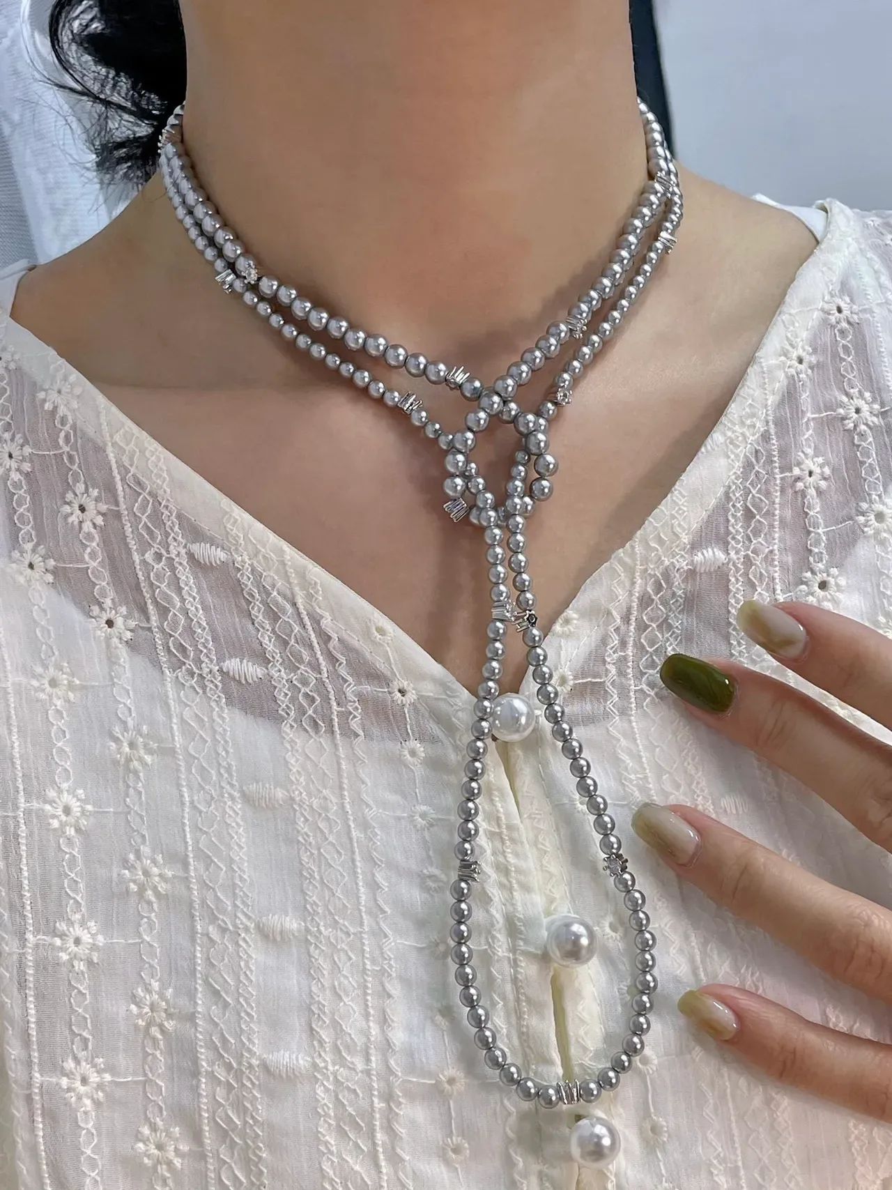 HEFANG Layered Pearl and Crystal Multi-Strand Necklace 3