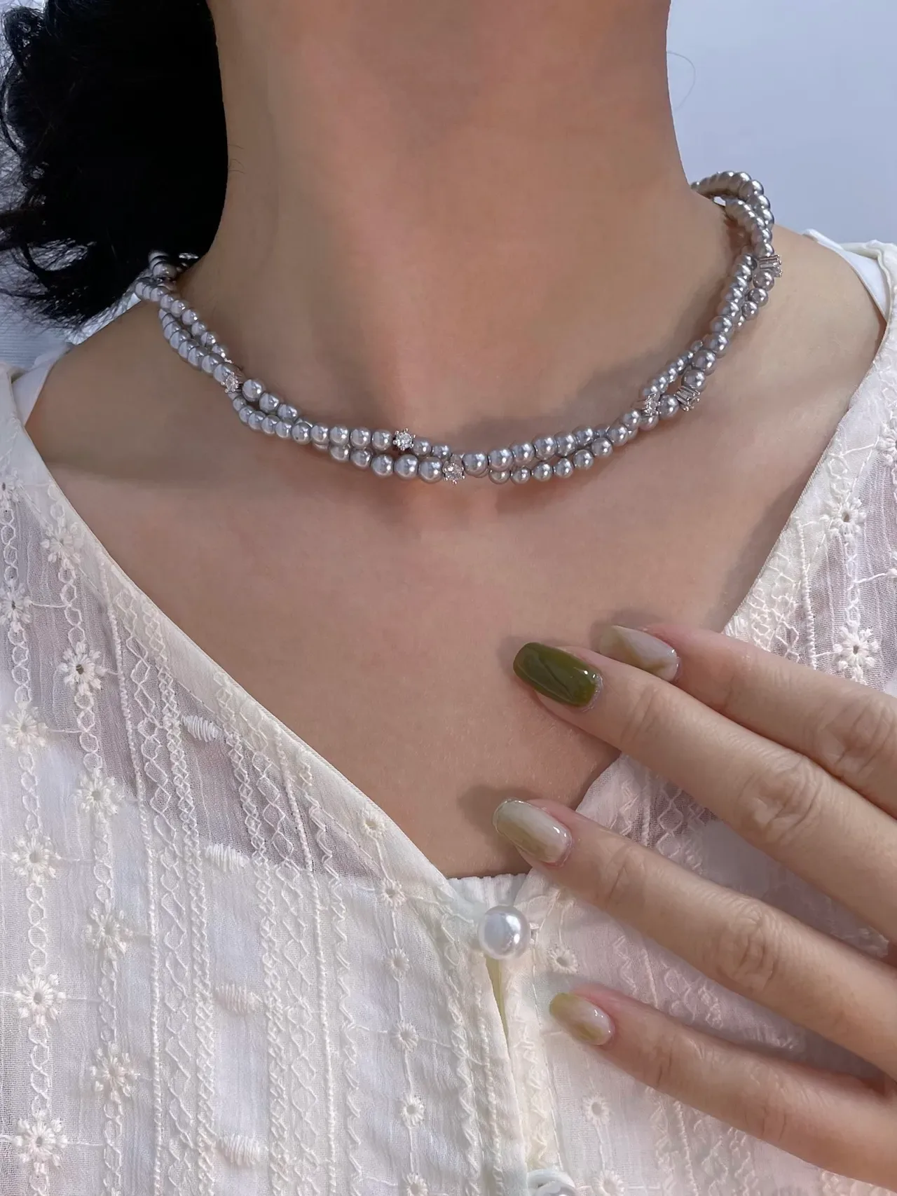 HEFANG Layered Pearl and Crystal Multi-Strand Necklace 4