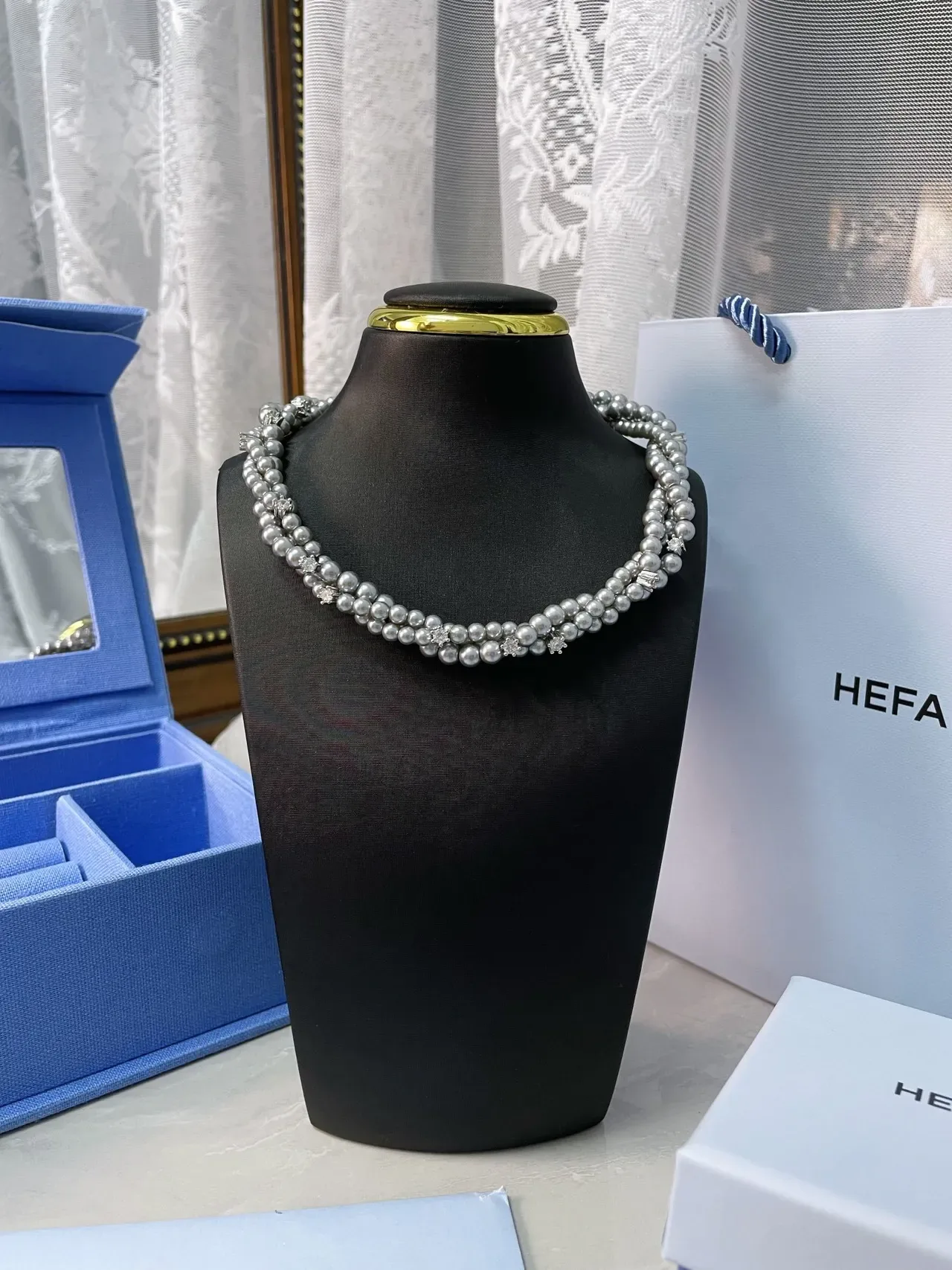 HEFANG Layered Pearl and Crystal Multi-Strand Necklace 5