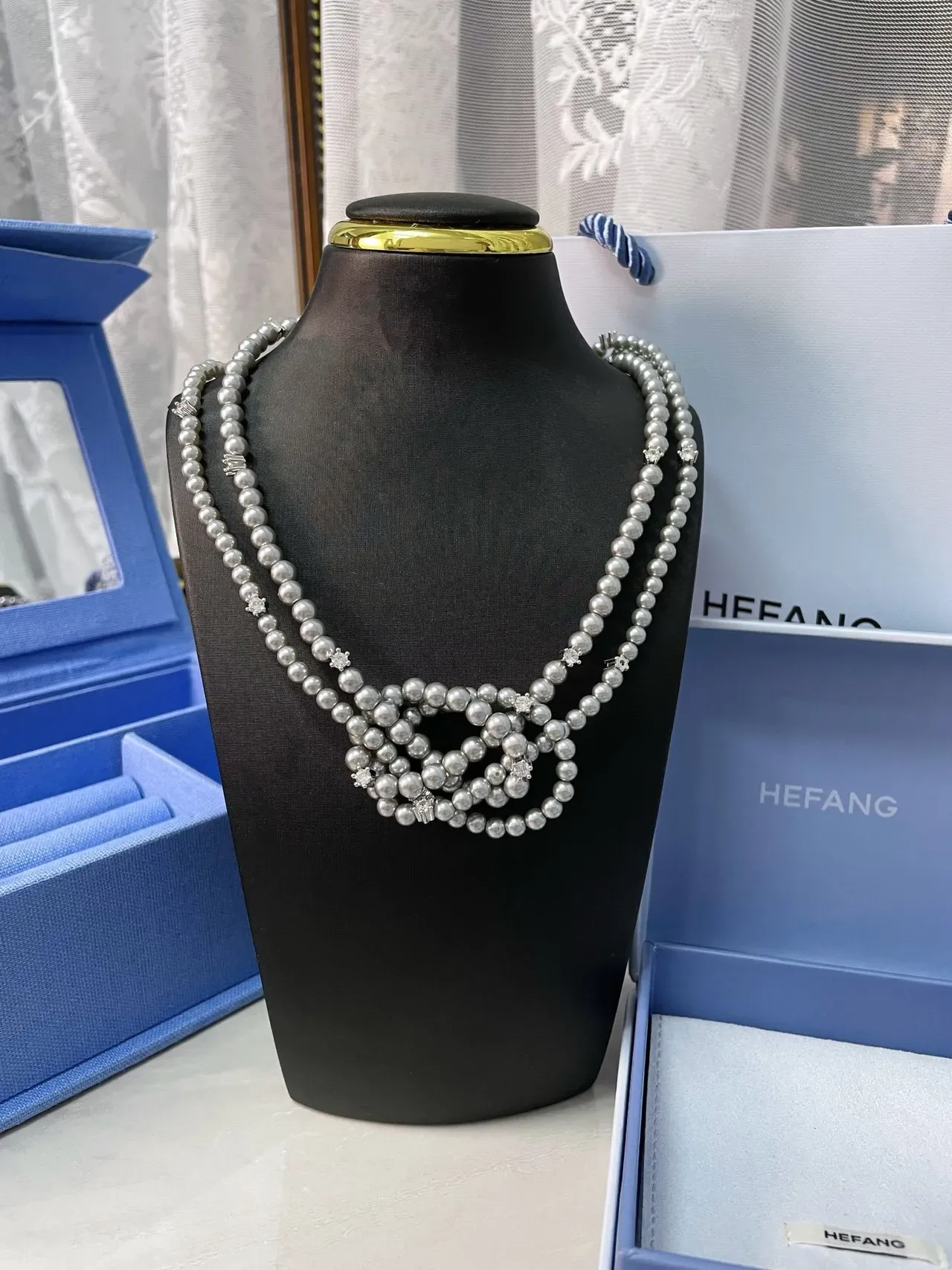 HEFANG Layered Pearl and Crystal Multi-Strand Necklace 6