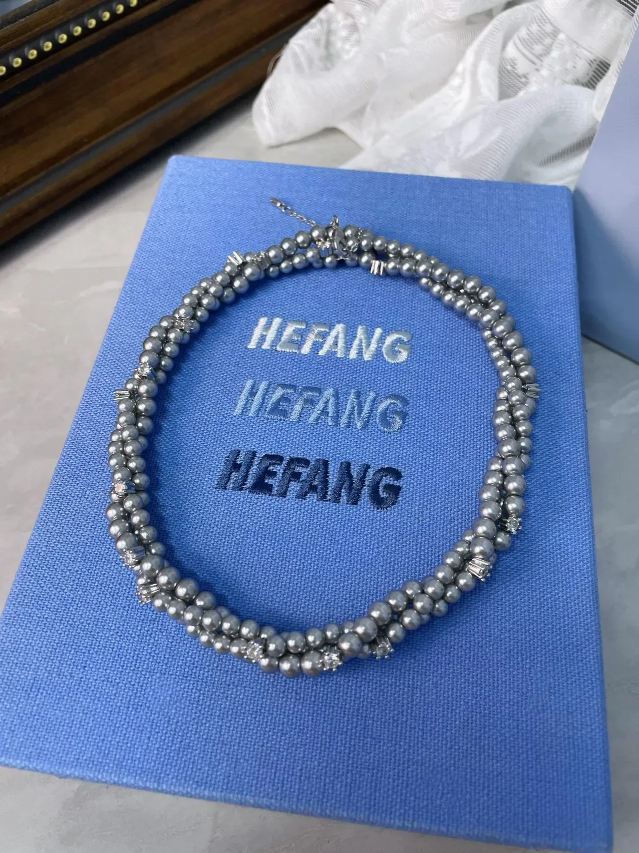 HEFANG Layered Pearl and Crystal Multi-Strand Necklace 7