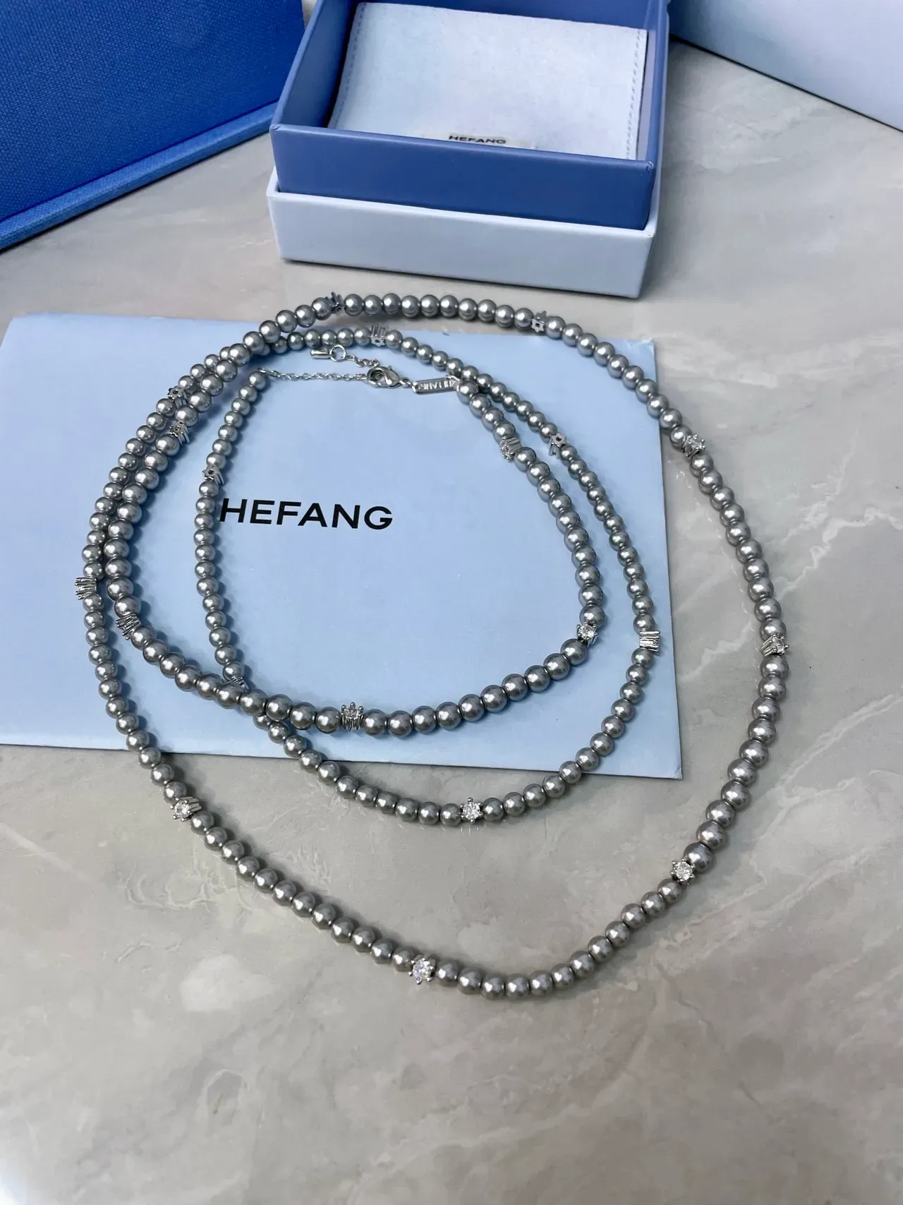 HEFANG Layered Pearl and Crystal Multi-Strand Necklace 8