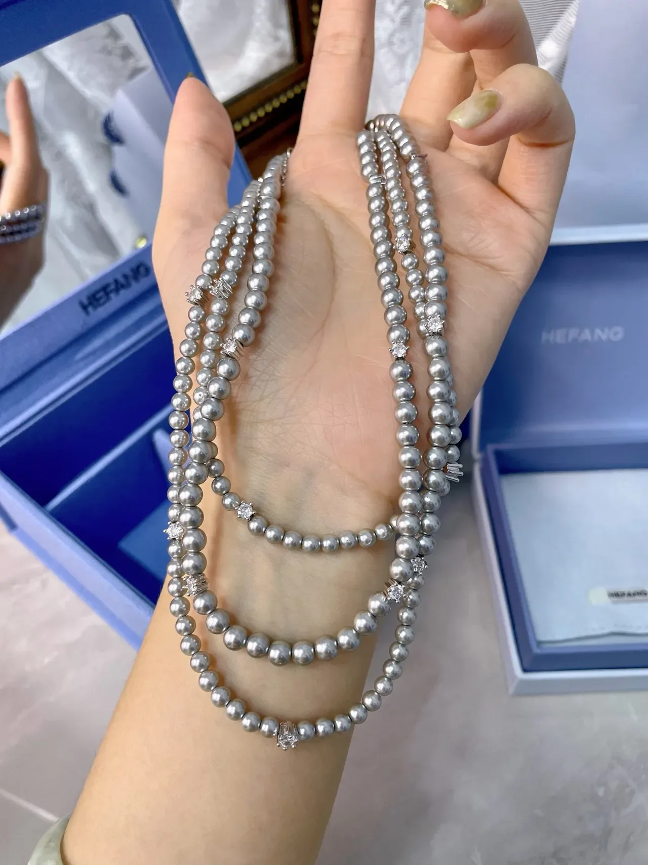 HEFANG Layered Pearl and Crystal Multi-Strand Necklace 9