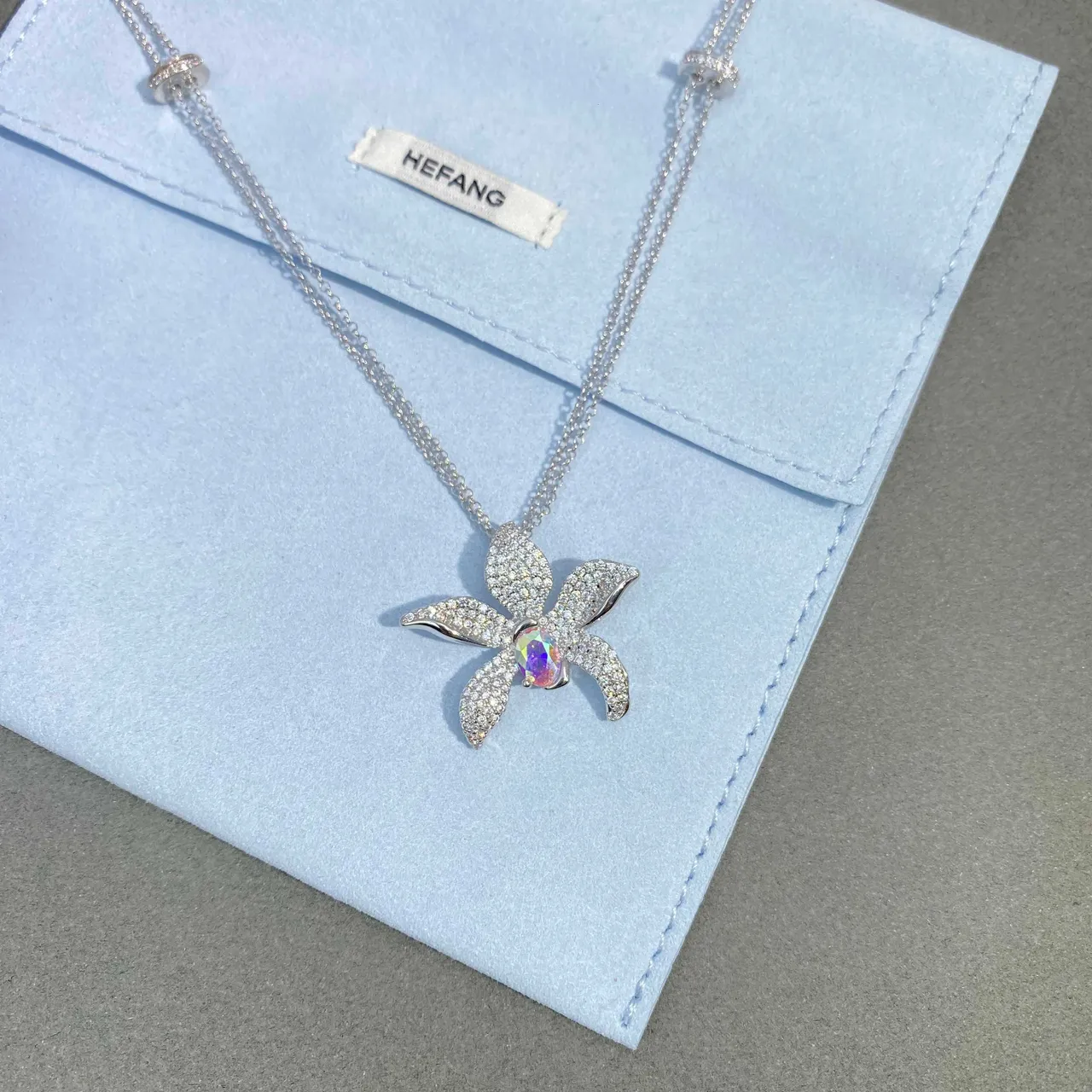 HEFANG Orchid Silver Multicolor Floral Pavé-Set Petals Necklace 8