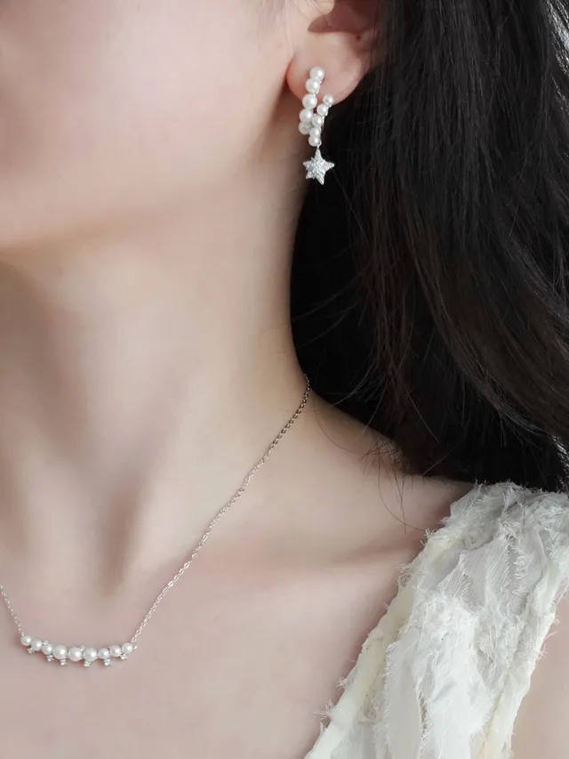 HEFANG Pearl Cluster and Star Charm Dangle Earrings 4
