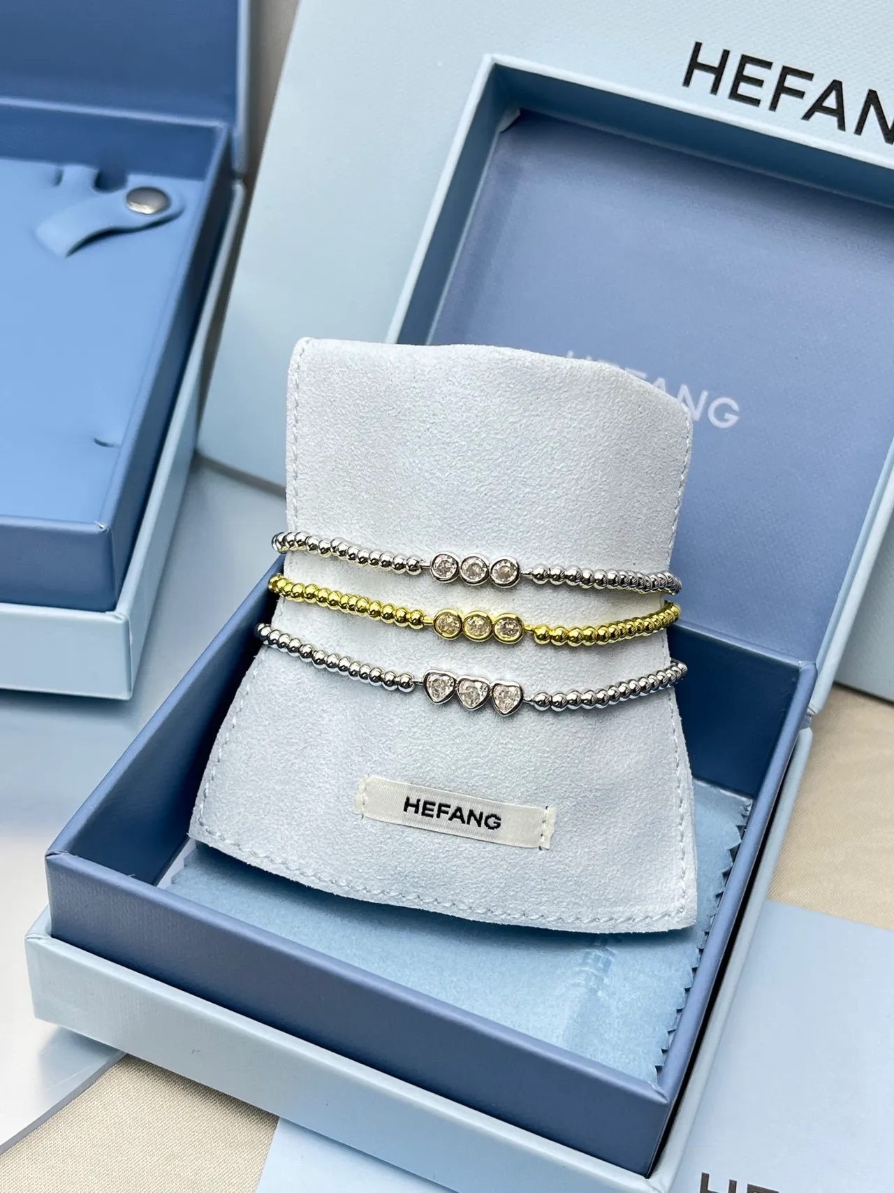 HEFANG Silver Gold Beaded Chain Heart Motif Bracelet 9