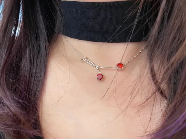 HEFANG Silver Red Chain Curved Bar Pendant Necklace 2