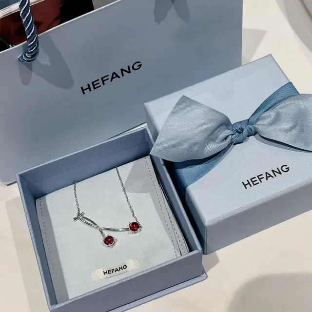 HEFANG Silver Red Chain Curved Bar Pendant Necklace 6