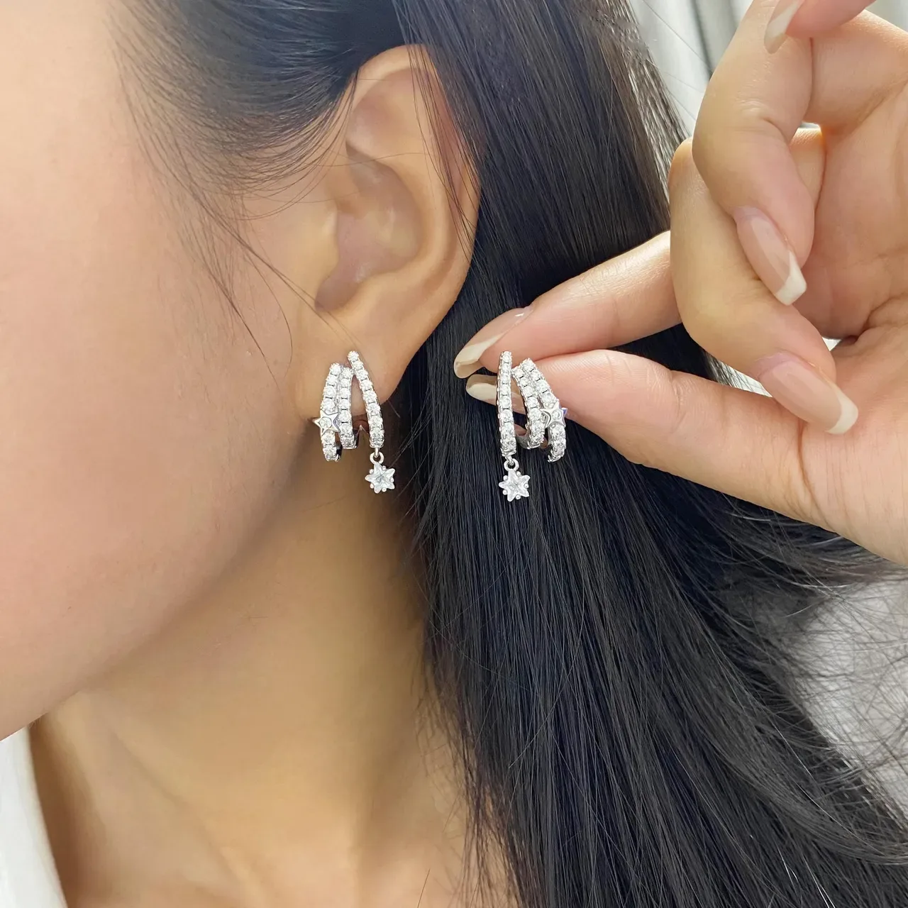 HEFANG Silver White Pavé-Crystal Dangling Star Charm Earrings 2